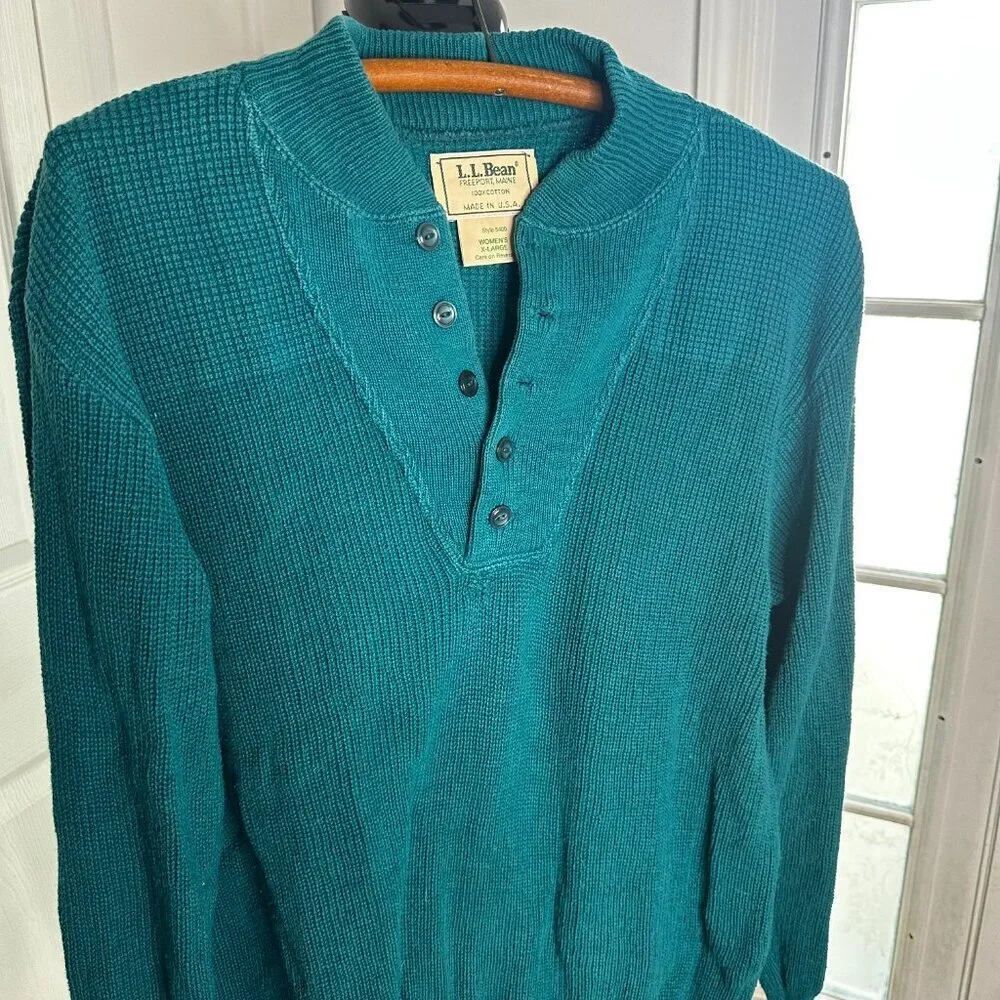Vintage Men's LL Bean Teal Henley Sweater Size XL